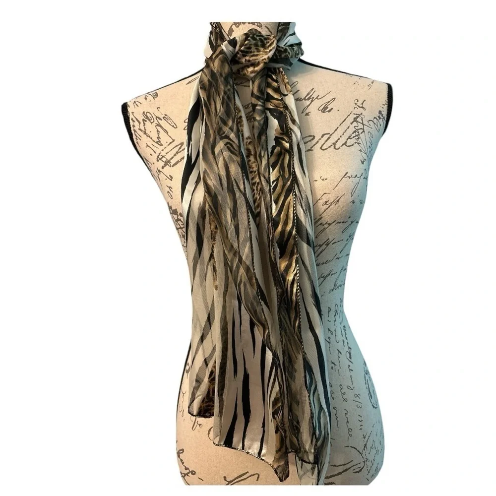 Animal print long scarf,black zebra stripes, brown leopard print.Semi sheer